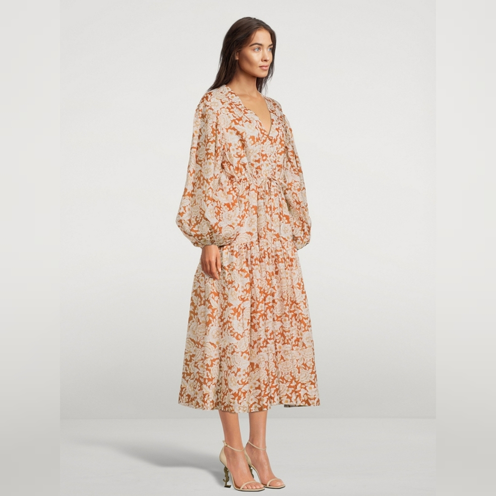 Shona Joy Flor Puff-Sleeve Linen Midi Dress